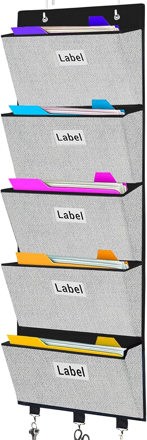 homyfort Over the Door File Organizer, Wall Hanging File Folders with 5 Large Pocket for Mails, Magazines, Back to School Supplies,Office Chart Storage, Paper Organization (Grey)