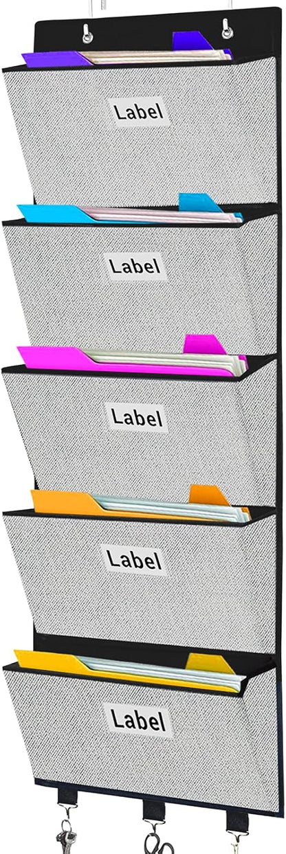 homyfort Over the Door File Organizer, Wall Hanging File Folders with 5 Large Pocket for Mails, Magazines, Back to School Supplies,Office Chart Storage, Paper Organization (Grey)