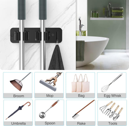 homeasy Wall Mount Mop and Broom Holder, Heavy Duty Stainless Steel Organizer Rack with Hooks | 2-Pack, 2-in-1 No Drill & Screw Installation, Black