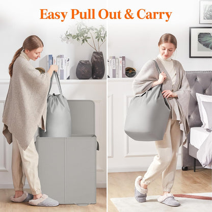 Lifewit Double Laundry Hamper with Lid and Removable Laundry Bags, Large Collapsible 2 Dividers Dirty Clothes Basket with Handles for Bedroom Laundry Room Closet Bathroom College, 136L Beige