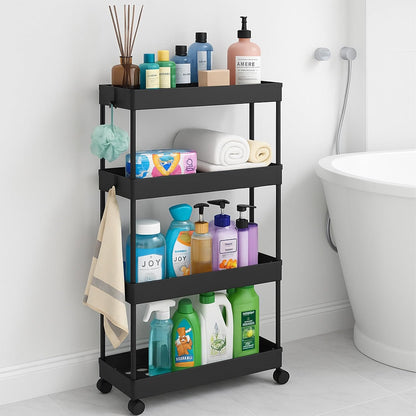 ShellKingdom 4 Tier Bathroom Storage Organizer, Slim Rolling Storage Cart for Narrow Space, Mobile Shelving Unit with Lockable Wheels and Hooks for Bathroom, Kitchen, Laundry Movable Shelf (Green)