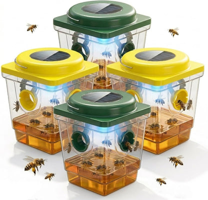 4 Pack Solar Wasp Traps Outdoor Hanging: Reusable Yellow Jacket Traps with LED Light - Effective Solar Powered Carpenter Bee Traps for Deck - Waterproof Wasp Deterrent for Garden & Yard (4)