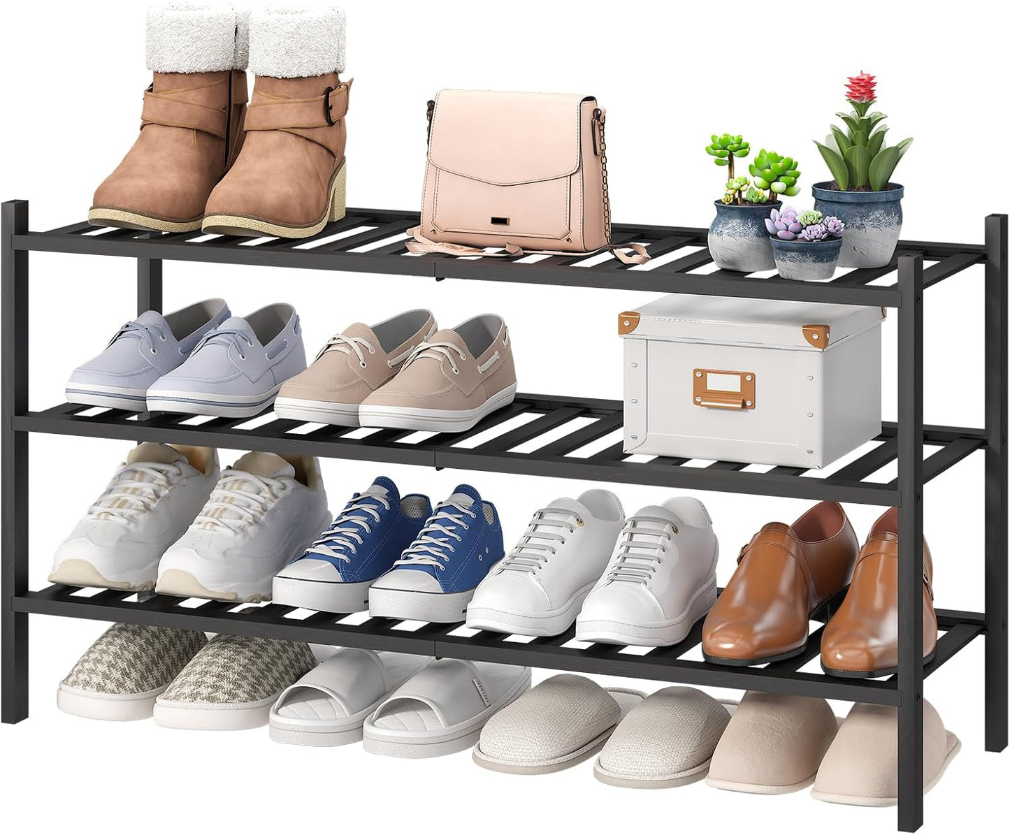 viewcare 3-Tier Black Bamboo Shoe Rack for Entryway, Stackable | Foldable | Natural, Shoe Shelf Storage Organizer for Hallway Closet, Free Standing Shoe Racks for Indoor Outdoor