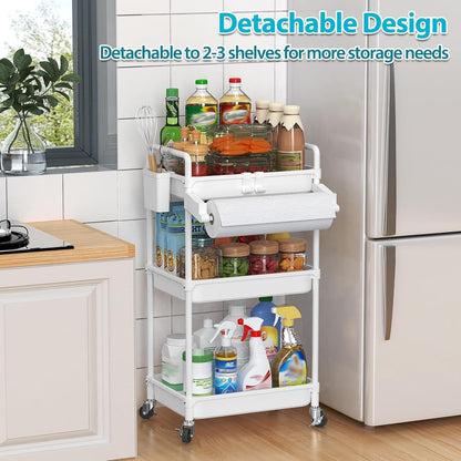SPACEKEEPER Rolling Storage Cart, 4-Tier Bathroom Organizer Utility Cart Laundry Room Organization Mobile Shelving Unit with Towel Rack, Lockable Wheel, Hooks & Cup for Kitchen Bedroom Office, White