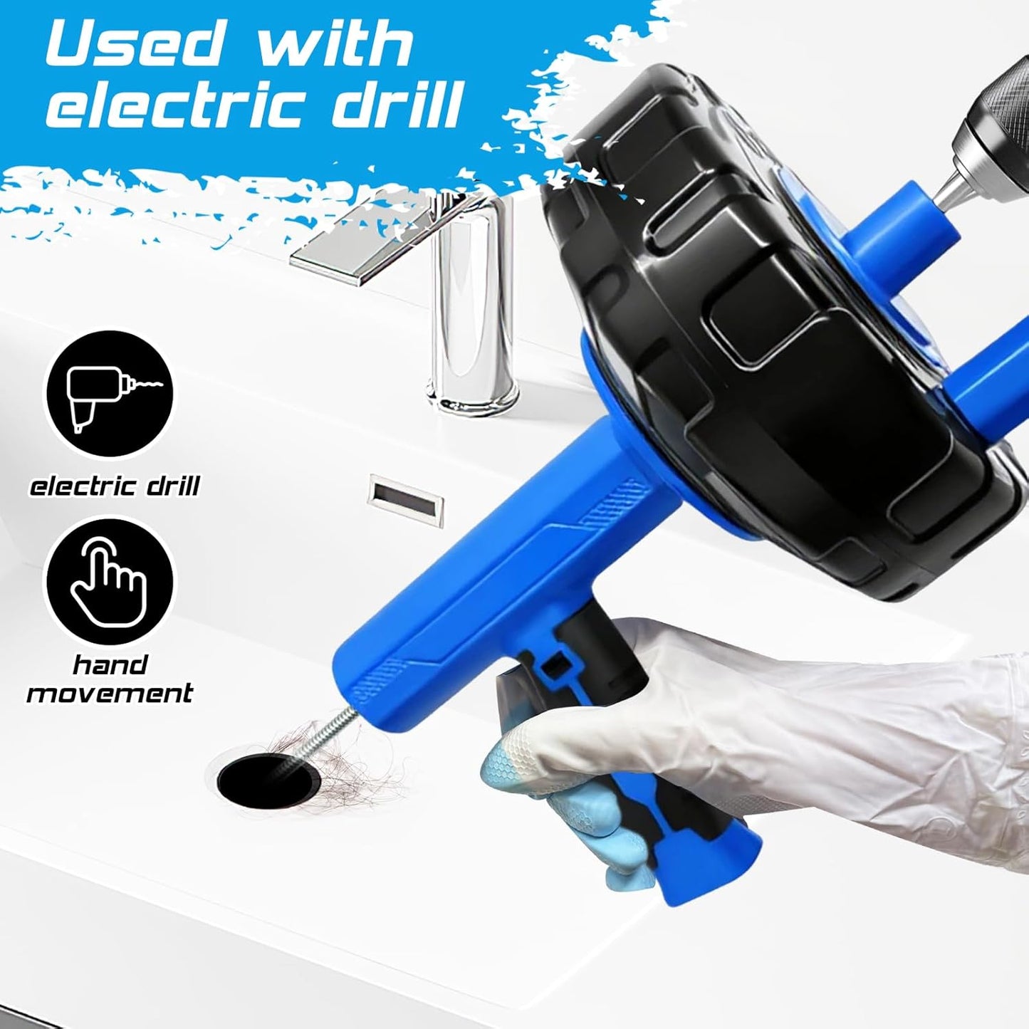 25FT Drain Snake, Auto Feed Retract Flexible Drain Auger for Drain Clogged, Manual or Drill Powered Plumbing Snake Hair Clog Remover for BathTub Sink Shower (Blue)