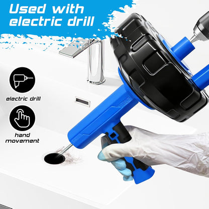 25FT Drain Snake, Auto Feed Retract Flexible Drain Auger for Drain Clogged, Manual or Drill Powered Plumbing Snake Hair Clog Remover for BathTub Sink Shower (Blue)