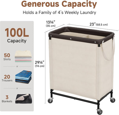 StorageWorks 3 Section Laundry Hamper, Rolling Laundry Cart with Wheels and Handles, Laundry Room Double Sorter for Organizer and Storage, 31.7 Gal(120L), Beige