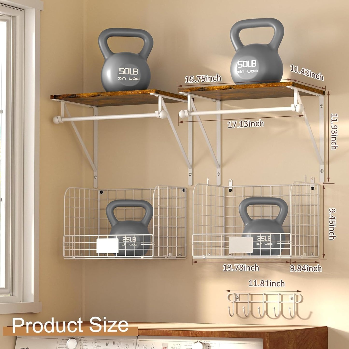 Laundry Room Shelves Wall Mounted with Wire Baskets, Over the Washer and Dryer Shelf with Clothes Drying Rack, Wire Shelves Baskets for Laundry Closet Organization and Storage, Wood+Metal, Black