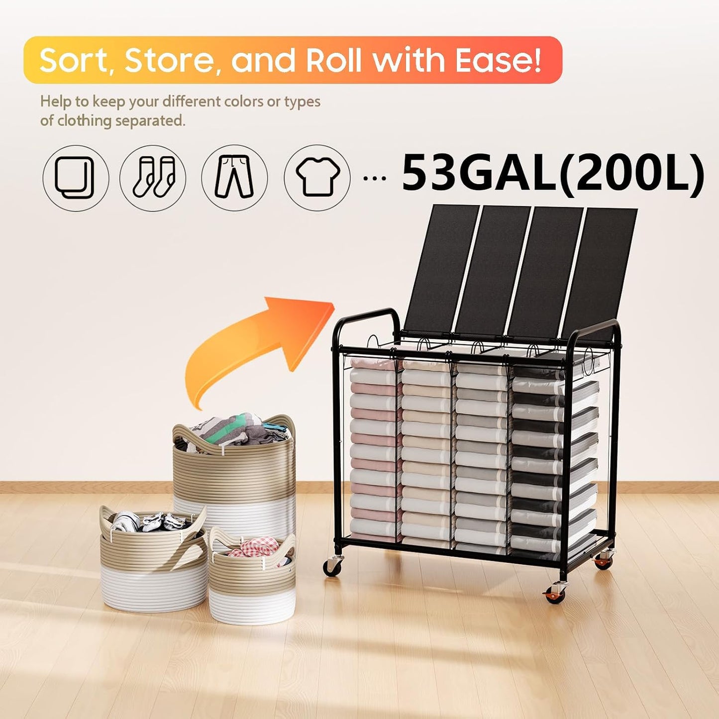 180L (47.55 Gal) Laundry Sorter 3 Section, Rolling Laundry Basket with Lockable Wheels and Lid, Laundry Hamper with 3 Separated Removable Bags Dirty Clothes Hamper for Laundry Room Organizer, Black