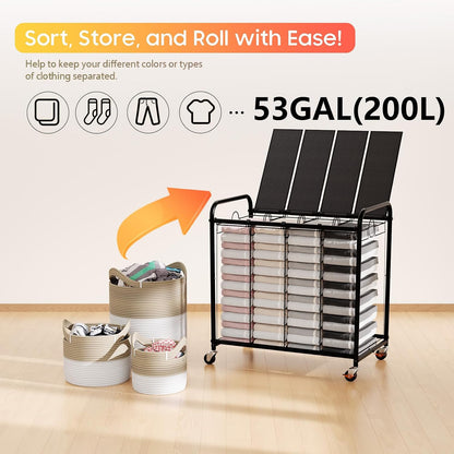 180L (47.55 Gal) Laundry Sorter 3 Section, Rolling Laundry Basket with Lockable Wheels and Lid, Laundry Hamper with 3 Separated Removable Bags Dirty Clothes Hamper for Laundry Room Organizer, Black