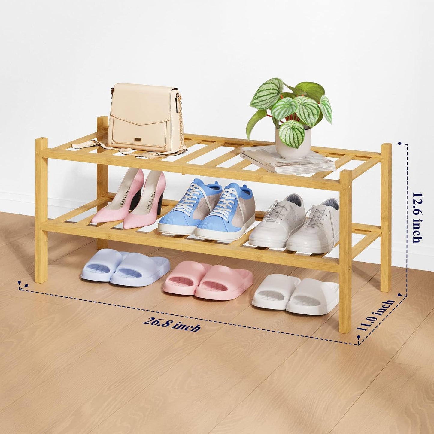 Kitsure Bamboo Wooden Shoe Rack for Closet - Stackable Shoe Organizer with Modular Structure, Space-Saving Shoe Shelf for Entryway, Living Room, Bedroom, 26.8" x 11" x 18.9", Natural