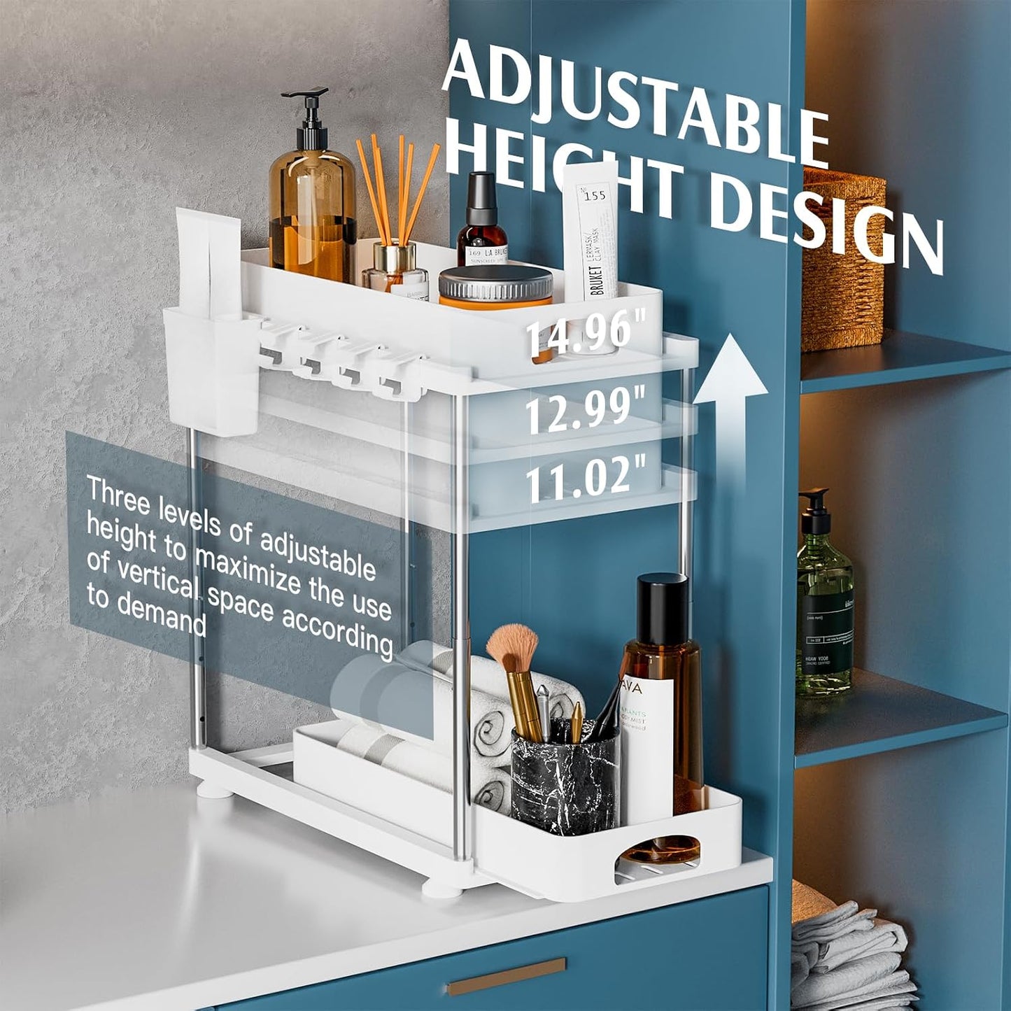 VERIFOST 2 Pack Under Sink Organizers and Storage, Double Sliding Kitchen Cabinet Organizer, 2 Tier Height Adjustable Countertop Organizer for Kitchen Bathroom Laundry, White