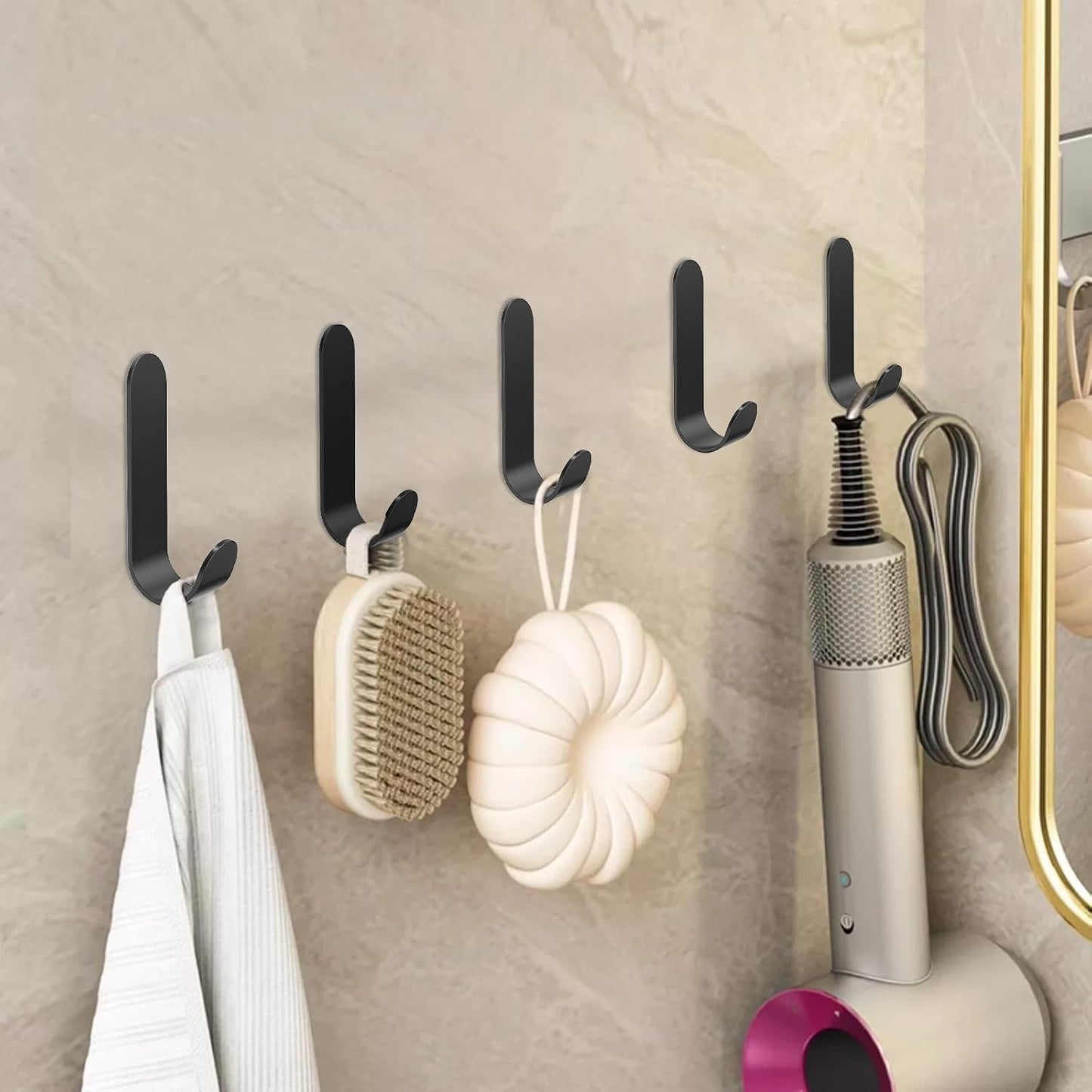 ATDOALL Adhesive Towel Hooks, 20 PCS Stainless Steel Self Adhesive Wall Hooks, Black Heavy Duty Shower Hook, Waterproof Oilproof Rustproof for Bathroom, Kitchen, Living Room