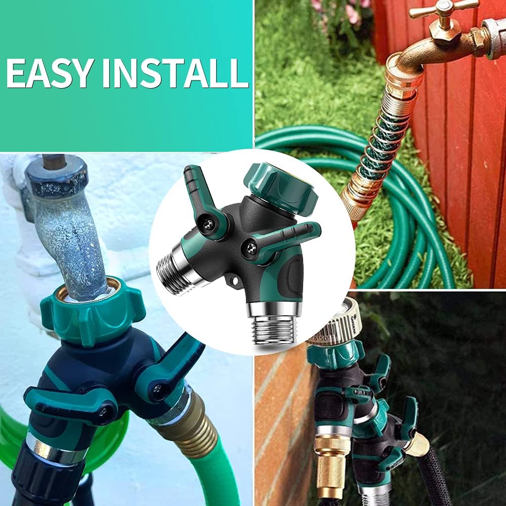 2 Way Garden Hose Y Splitter, 3/4 Inch Heavy Duty Metal Faucet Splitter | 2 Pack 3/4" Garden Hose Splitter Heavy Duty Water Faucet Splitter with Comfortable Rubberized Grip + 6 Extra Rubber Washers