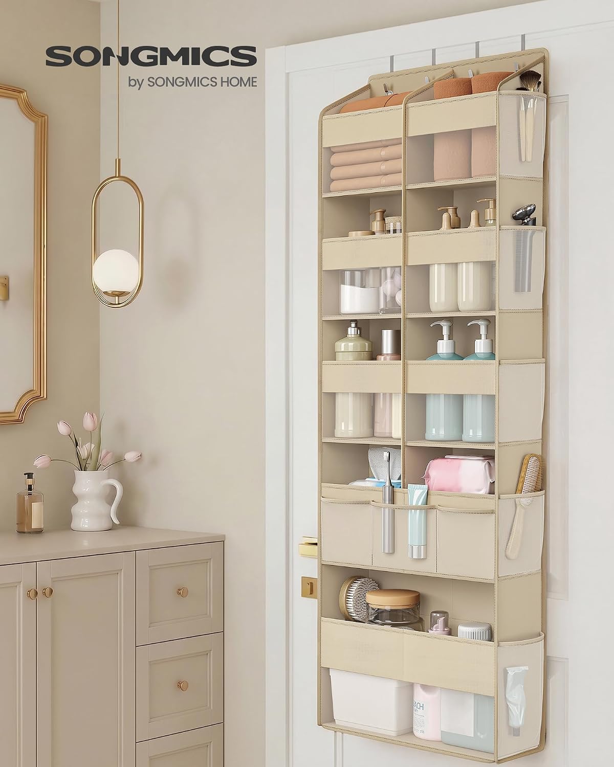 SONGMICS Over-the-Door Organizer, 9-Compartment Door Hanging Storage Shelf, Foldable Closet Hanging Organizer, Heavy-Duty, Metal Hooks, Transparent, Dove Gray URDH009GD01