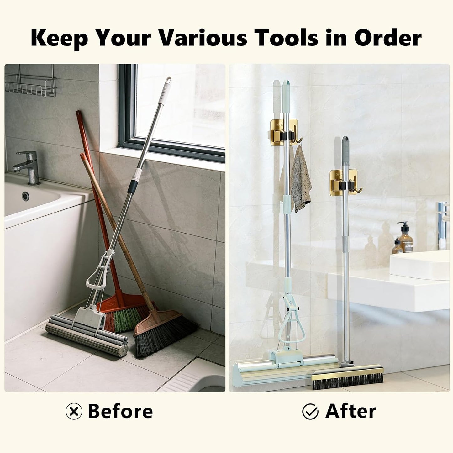 Mop and Broom Organizer Wall Hanging No Drill,Metal Utility Tool Hangers Wall Mountable,Garage Closet Organizer Heavy,Storage Rack Self Adhesive 2Pcs for Bathroom, Kitchen, Office,Laundry.Gold