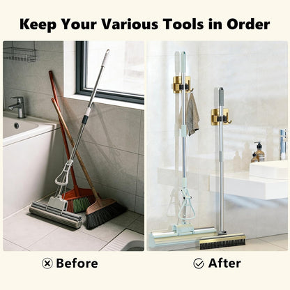 Mop and Broom Organizer Wall Hanging No Drill,Metal Utility Tool Hangers Wall Mountable,Garage Closet Organizer Heavy,Storage Rack Self Adhesive 2Pcs for Bathroom, Kitchen, Office,Laundry.Gold