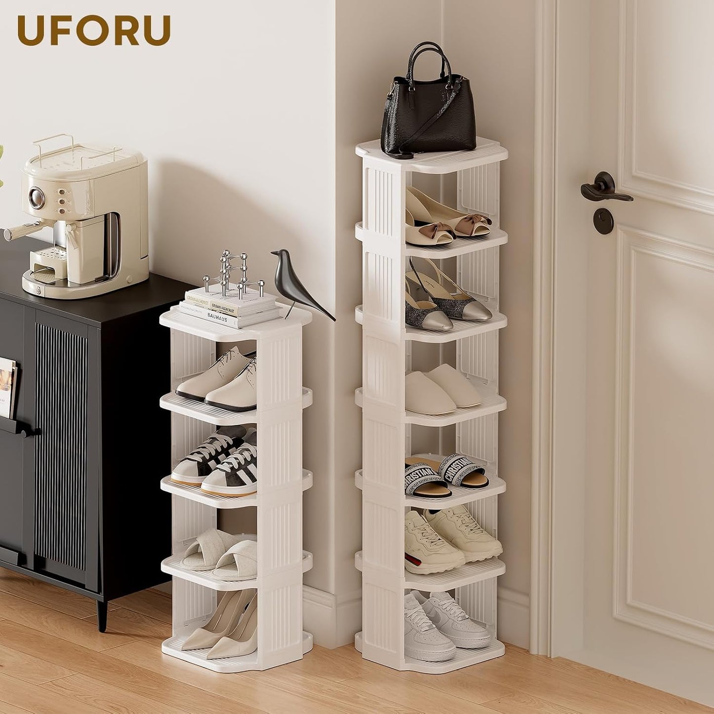 UFORU Small Shoe Rack, 5 Tier Plastic Vertical Shoe Rack for Small and Narrow Spaces, Free Standing Shoe Organizer for Closet, Entryway