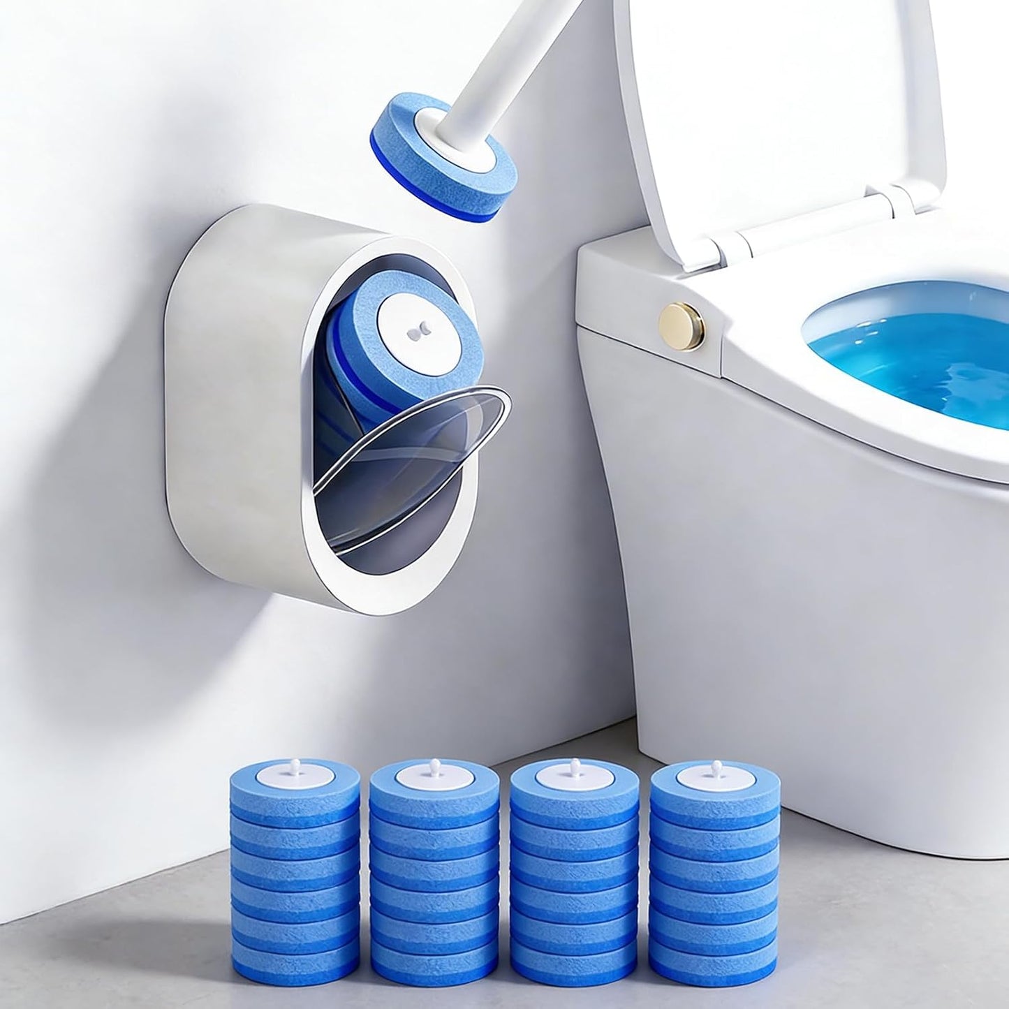 SOPAMI Disposable Toilet Brush and Holder Set with 16 Refills for Bathroom | Disposable Toilet Cleaning System,Toilet Wand Kit,Wall-Mounted or Floor-Standing Holder Toilet Cleaning Stick Touch Free