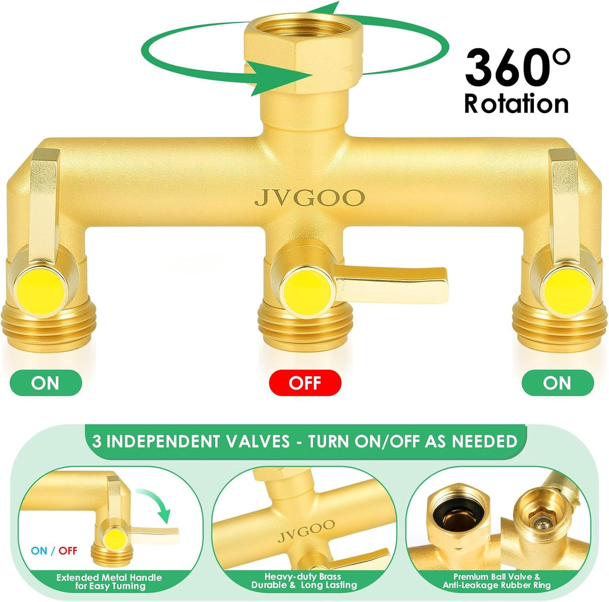 Garden Hose Splitter, Brass 3 Way Hose Splitter, 3/4" Water Hose Splitter 3 Way Heavy Duty with Metal Shutoff Valve and Extension Handle, Outdoor Faucet Splitter Water Spigot Splitter Manifold