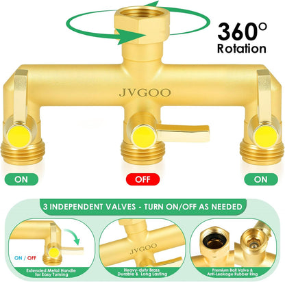 Garden Hose Splitter, Brass 3 Way Hose Splitter, 3/4" Water Hose Splitter 3 Way Heavy Duty with Metal Shutoff Valve and Extension Handle, Outdoor Faucet Splitter Water Spigot Splitter Manifold