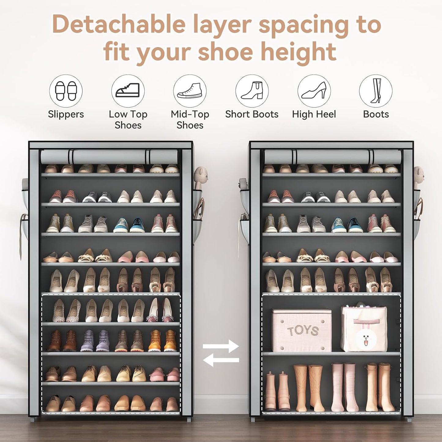 LANTEFUL Shoe Rack with Covers - 10 Tiers Tall Shoe Rack Organizer Large Capacity Shoe Shelf Storage 40 Pairs Space Saving Vertical Shoe Storage Organizer for Closet, Entryway, Dorm, Bedroom