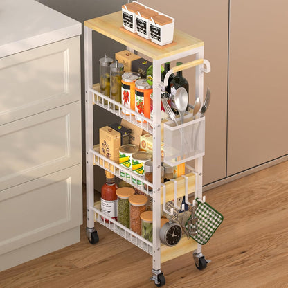 DTUQYX Slim Rolling Storage Cart, 4 Tier Small Organizer Cart with Wheels, Metal Utility Shelf Kitchen Bathroom Laundry Room Organization Trolley with Handle for Narrow Space (9.1" W Metal Basket)