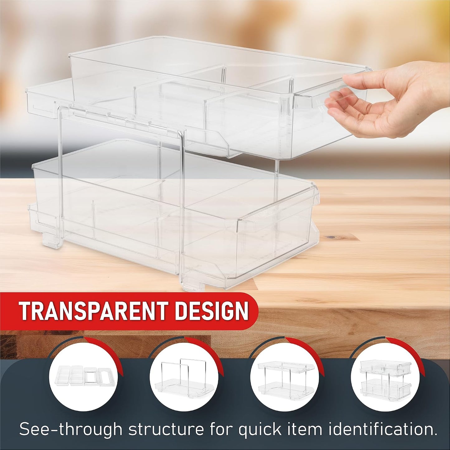 Masirs 2-Tier Clear Pull-Out Drawer Organizer - Sleek, Compact & Sturdy Makeup and Closet Organizer - Easy Assembly Kitchen Storage Solution, Ideal for Makeup, Tools, Medicines & Snacks