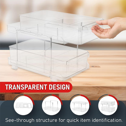 Masirs 2-Tier Clear Pull-Out Drawer Organizer - Sleek, Compact & Sturdy Makeup and Closet Organizer - Easy Assembly Kitchen Storage Solution, Ideal for Makeup, Tools, Medicines & Snacks