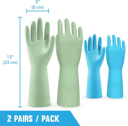 JOR Kitchen Dishwashing Gloves, Durable and Reusable Rubber with Non-Slip Grip, For Household Chores, Multi-purpose Use for Pantry, Bathroom Laundry, Medium, 12-inch Long Cuff, 2 Pairs, Green & Blue