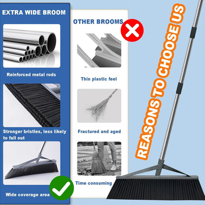 17.7inch Wide Large Broom for Sweeping Indoor or Outdoor, Whole Length 57inch Long Handle Heavy Duty Broom with Soft Bristle