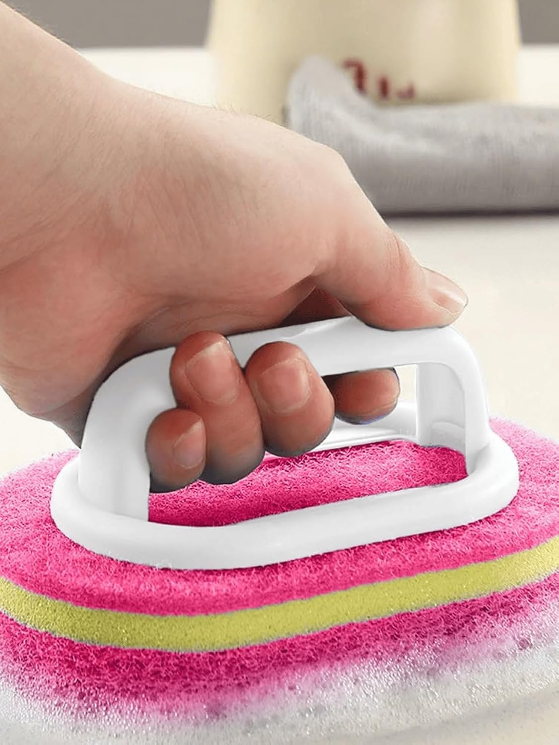 Ergonomic Long Handle Sponge Brush Set Durable Scouring 3 Pack Pad Shower Scrubber for Bathroom Bathtub Tile Grout Kitchen Sink Pot Cleaning Tool Non Scratch Heavy Duty Wand (Hot Pink)