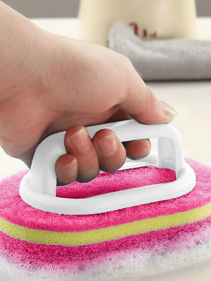 Ergonomic Long Handle Sponge Brush Set Durable Scouring 3 Pack Pad Shower Scrubber for Bathroom Bathtub Tile Grout Kitchen Sink Pot Cleaning Tool Non Scratch Heavy Duty Wand (Hot Pink)