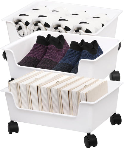 Noamus 3 Pack Under Bed Storage, Underbed Toys Storage Containers with Wheels, Plastic Bedroom Storage Organization, Under Bed Storage Bins Drawer For Clothes Blankets Shoes Books, White