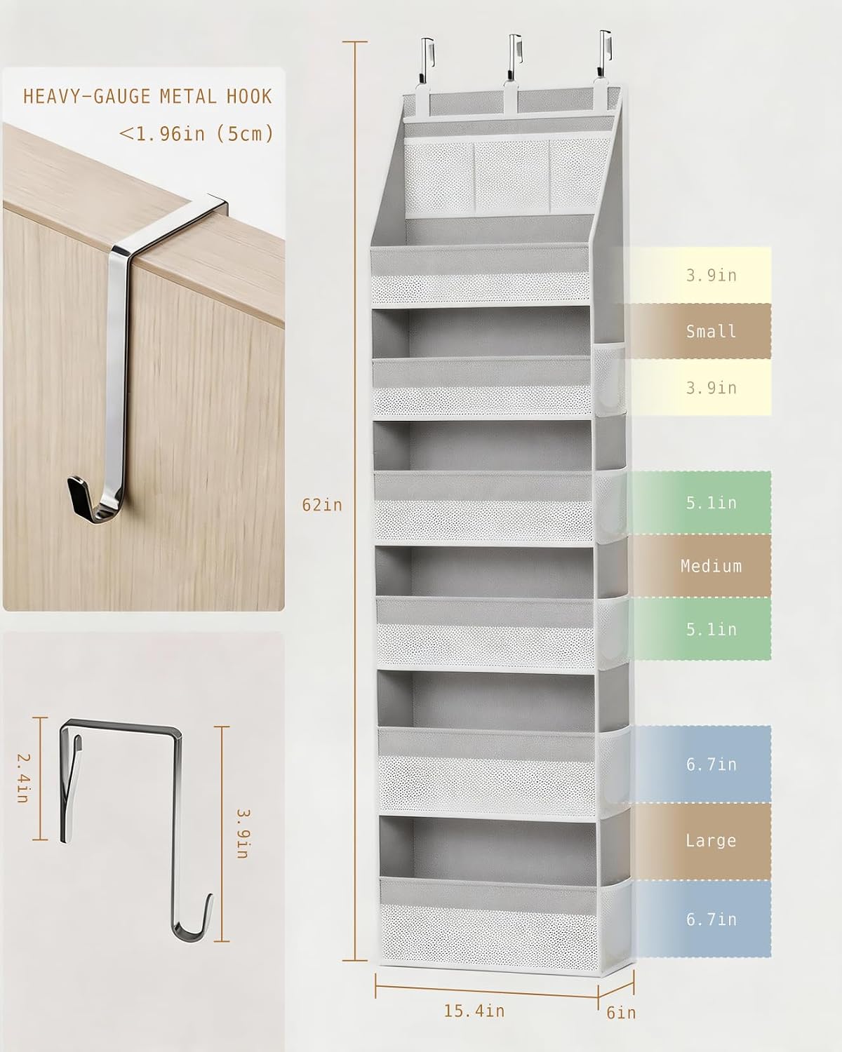KMSCO Over The Door Organizer, 6 Large Pockets + 13 Mesh Side Pockets, Hanging Storage, 55lbs Capacity, Heavy Duty Non-Woven Fabric for Baby Nursery, Bathroom, Pantry, Closet, Beige, 1 Pack