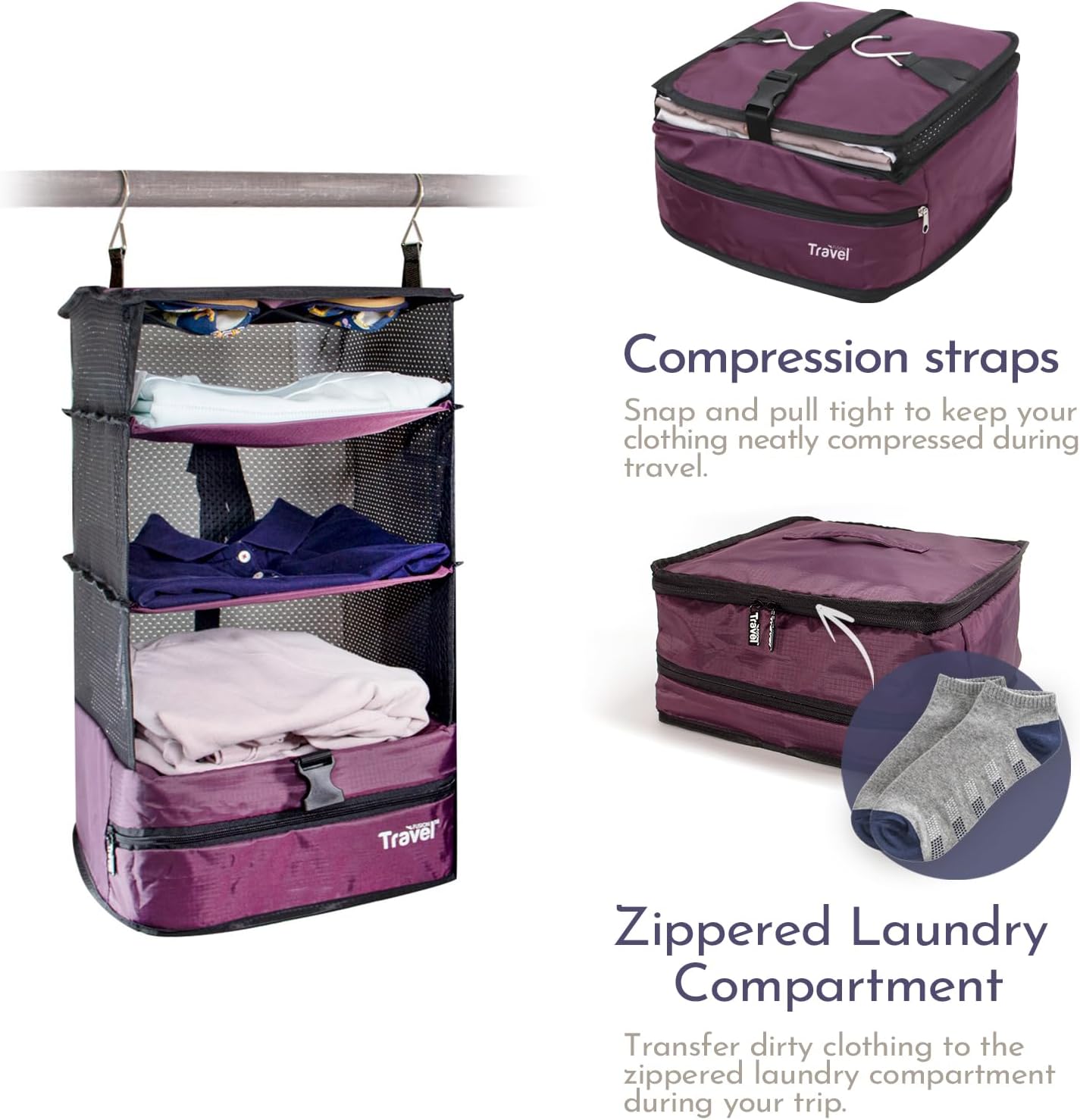 Grand Fusion Stow-N-Go Hanging Travel Shelves, Packing Organizer for Luggage. Carry on Closet for Suitcase. Expandable Packing Cube. Travel Essentials. (Black - L, L = (L) 11.8" x (W) 11.8")