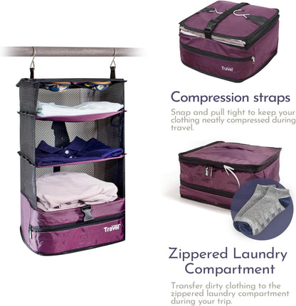Grand Fusion Stow-N-Go Hanging Travel Shelves, Packing Organizer for Luggage. Carry on Closet for Suitcase. Expandable Packing Cube. Travel Essentials. (Black - L, L = (L) 11.8" x (W) 11.8")