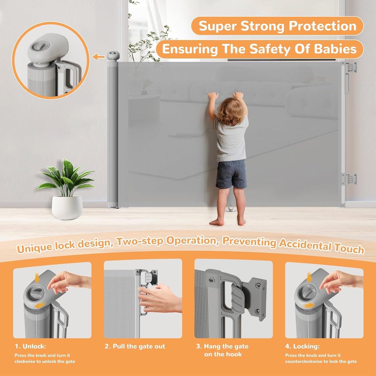 Retractable Baby Gate for Stairs & Doorways, 34" Tall Extends to 55" Wide, Mesh Baby & Pet Gate with Anti-Crawling Hook, Safety Gate for Toddlers, Doorways, Hallways, Indoor, Black