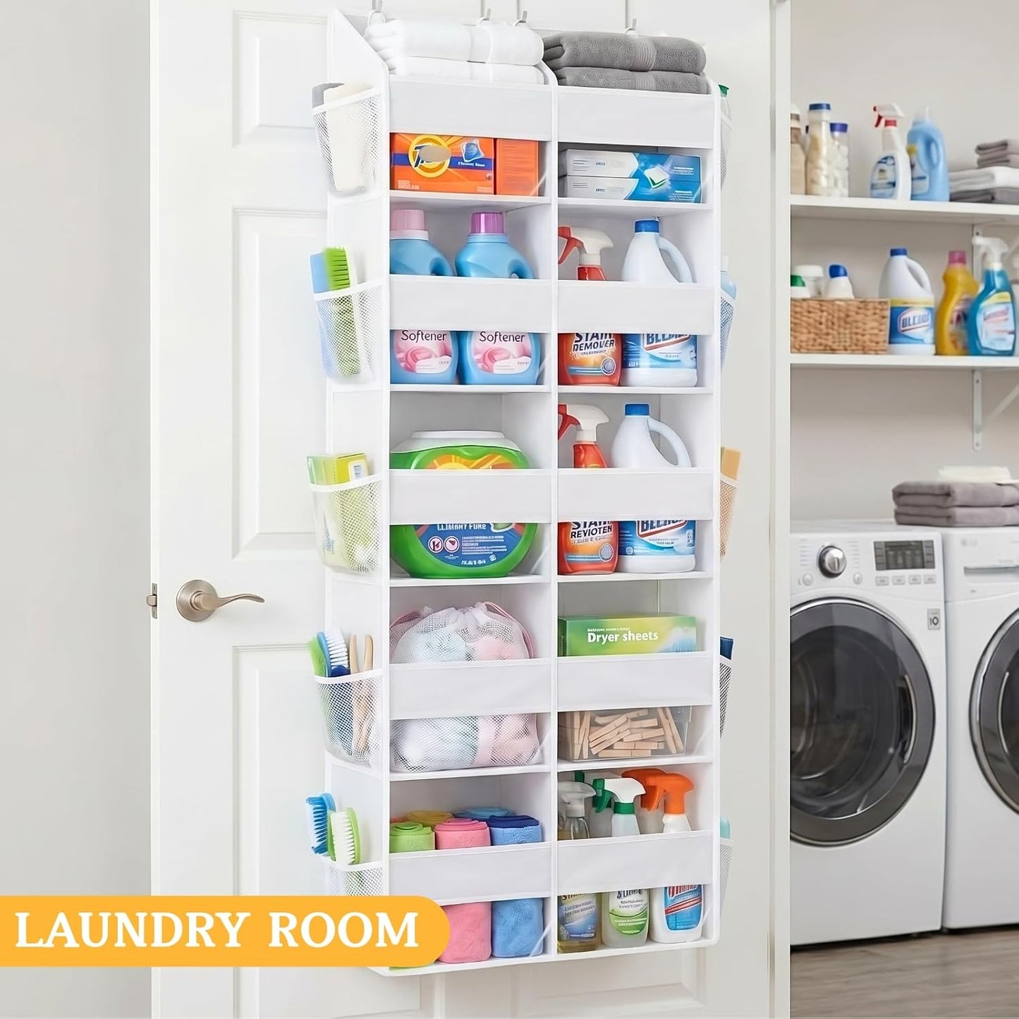 Over The Door Organizer, 5-Tier Extra Large Behind Door Storage with 10 Big Front & 10 Mesh Pockets, 80lb Capacity, Hanging Storage Organizer with Clear Window Kids Toys, Shoes, Diapers, Light Grey