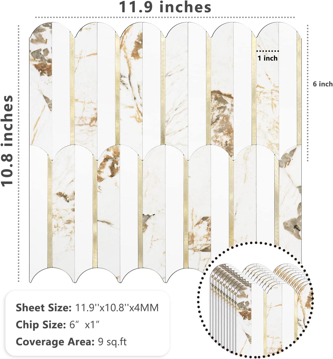 Vamos Peel and Stick Backsplash Seamless Tile for Kitchen and Bathroom,White and Beige Slate PVC Mixed Light Gold Self Adhesive Fish Scale Metal Mosaic Tiles (10 Sheets)