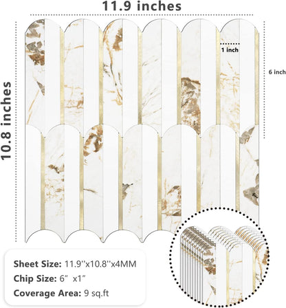 Vamos Peel and Stick Backsplash Seamless Tile for Kitchen and Bathroom,White and Beige Slate PVC Mixed Light Gold Self Adhesive Fish Scale Metal Mosaic Tiles (10 Sheets)