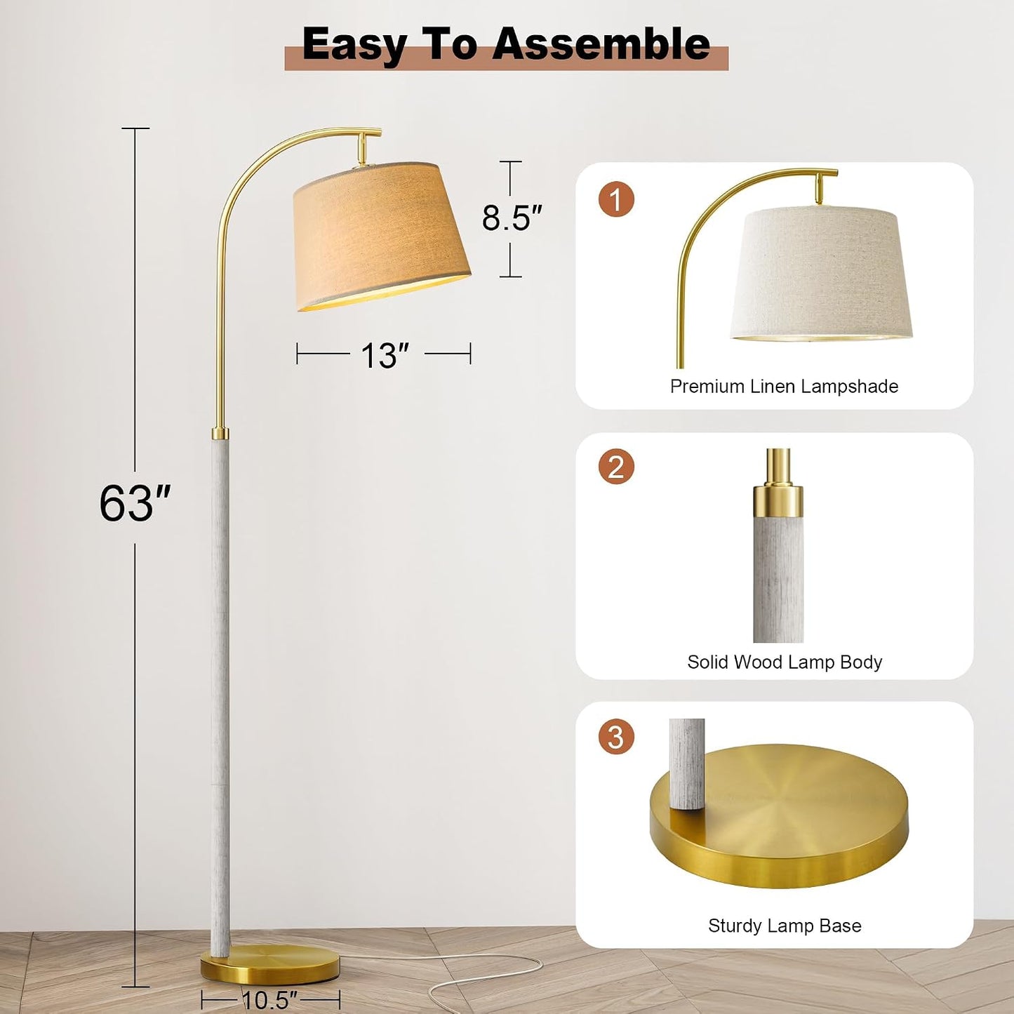 G-SAFAVA Real Wood Floor Lamps for Living Room Bedroom, 62.5" Mid Century Modern Lamp Gold Standing Tall Arc Lamps with Foot Switch, Floor Lamps for Nursery Office Decor Corner Reading Room Light