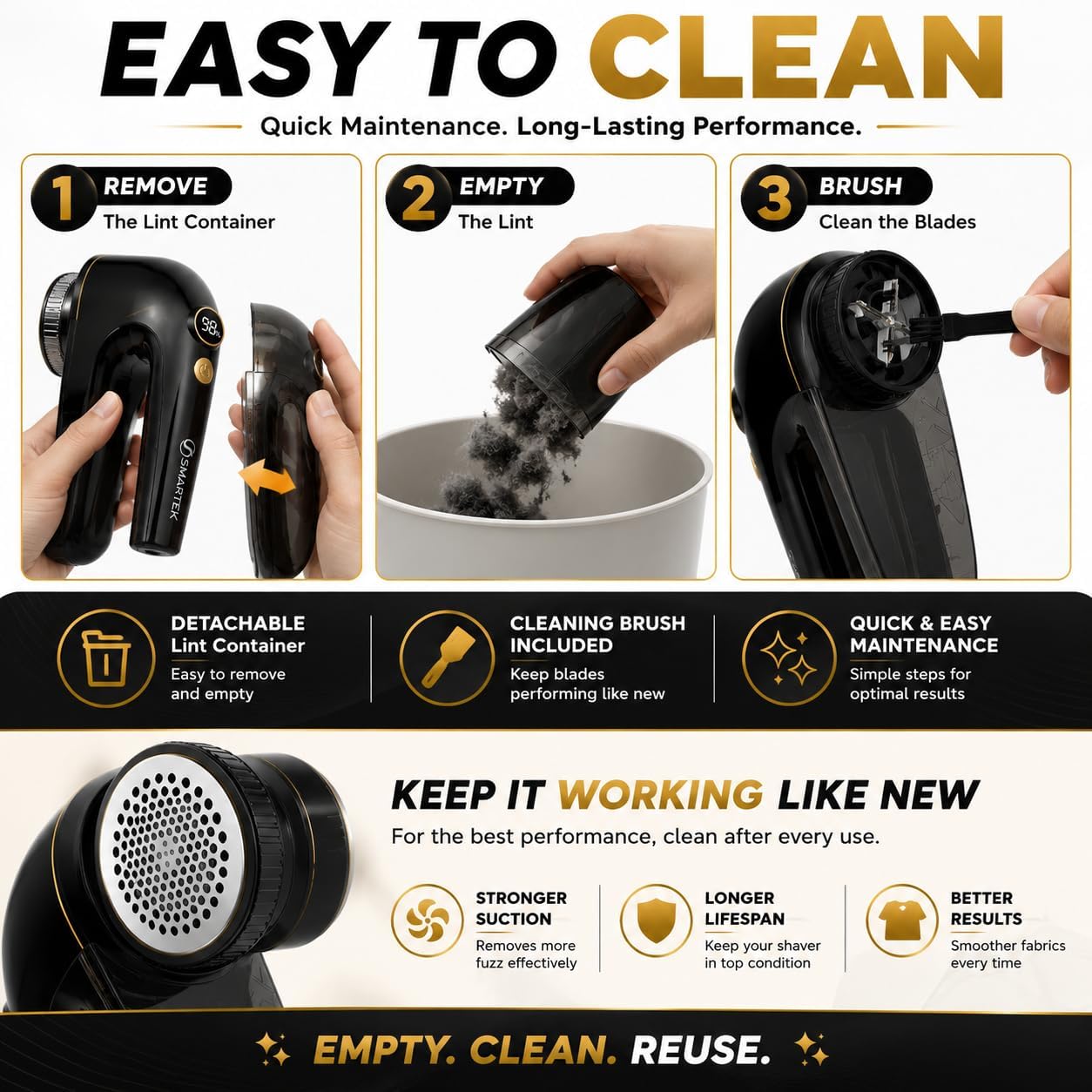 Smartek Rechargeable - Fabric Shaver for Clothes - Lasts for Hours Between Charges - 2-Speeds with High and Low Lint Shaving Modes - Built-in LED Screen - Lint Shaver for Removing Fuzz and Pilling