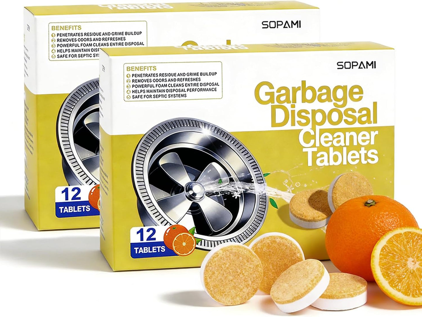 SOPAMI Garbage Disposal Cleaner Deodorizer Tablets 12 Pack 1 Year Supply | Powerful XL Foaming Sink Garburator Disposer Freshener, Natural Kitchen Drain Cleaning Care with Fresh Citrus Scent