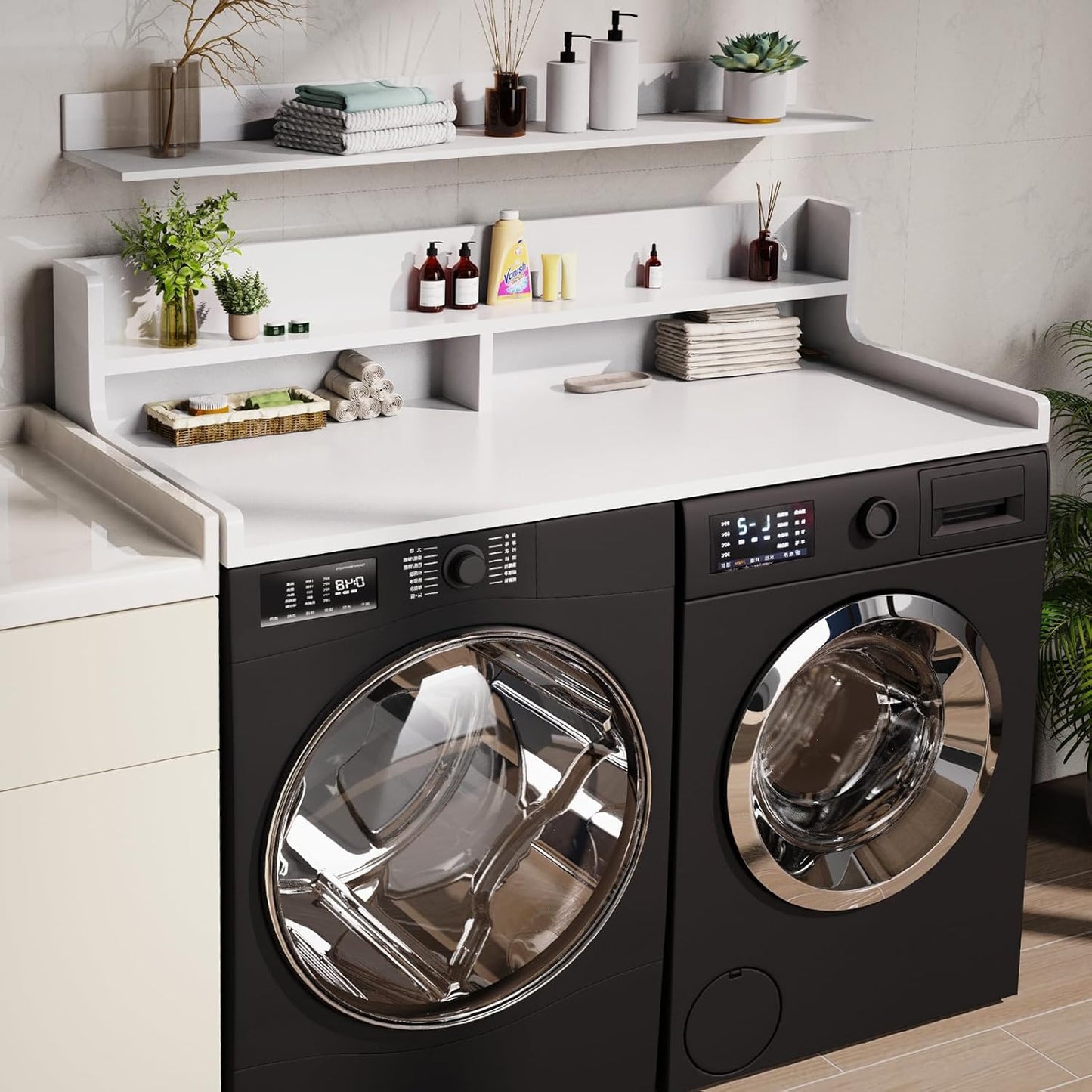 Washer Dryer Countertop, 54" x 27.55" 2-Tier Washer Dryer Topper with Edge, for Laundry Room Organization Whisper White
