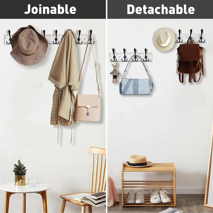 Kuhome 2pcs Coat Rack Wall Mount Wooden Hat Rack for Wall Hooks Pine Real Wood Plank 16.9" Brown Coat Hanger with 5 Triple Hooks for Hanging Coat Hat Jacket