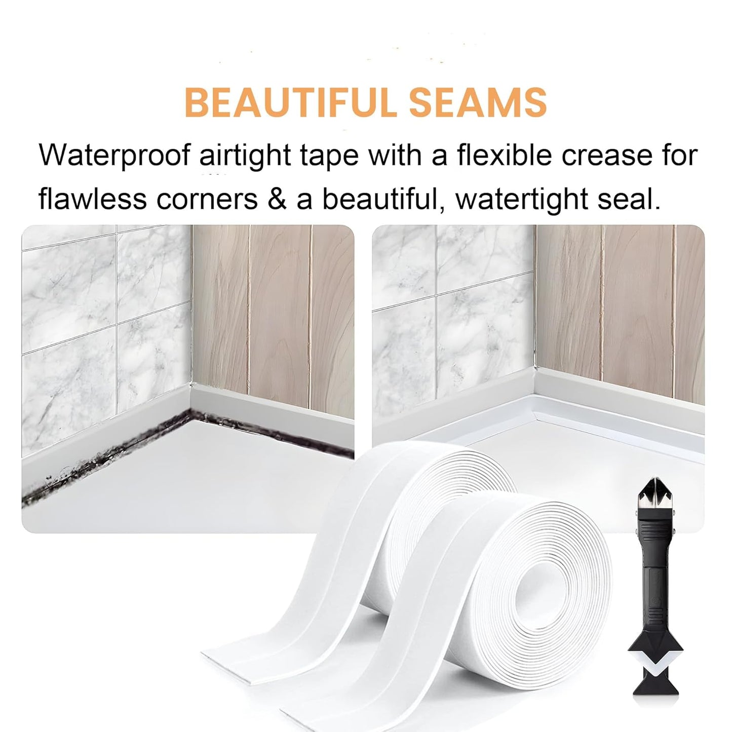White Caulk Tape Waterproof Self Adhesive, Caulking Tape, Sealer Strip for Bathroom, Toilet Base, Shower, Bathtub, Sink, Countertop Edge Protector, Easy to Use with Silicone Caulking Tool