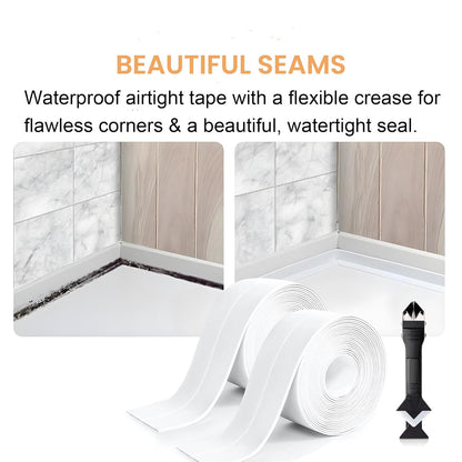 White Caulk Tape Waterproof Self Adhesive, Caulking Tape, Sealer Strip for Bathroom, Toilet Base, Shower, Bathtub, Sink, Countertop Edge Protector, Easy to Use with Silicone Caulking Tool