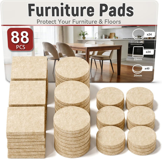 88 Pack Felt Furniture Pads for Chair Legs, Self-Adhesive Floor Protectors for Hardwood Floors, 3mm Thick Beige Felt Pads, Assorted Round and Square Sizes, 3/4 in and 1 in