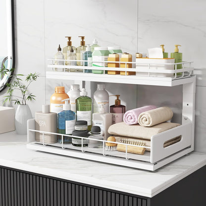 Under Sink Organizer Upgrade To Professional Rails,2-Tier Dual Pull Out Cabinet Storage,Height Adjustable Slide Out Drawers For Bathroom Kitchen,2 Pack-14.5" Dx12.8-16.9" H,White